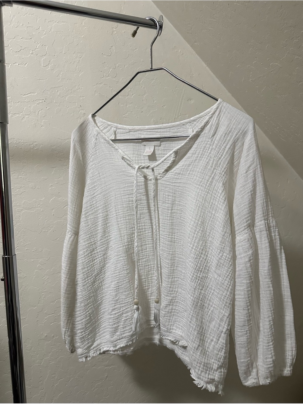 Japna White Gauze Tie-Neck Peasant Top